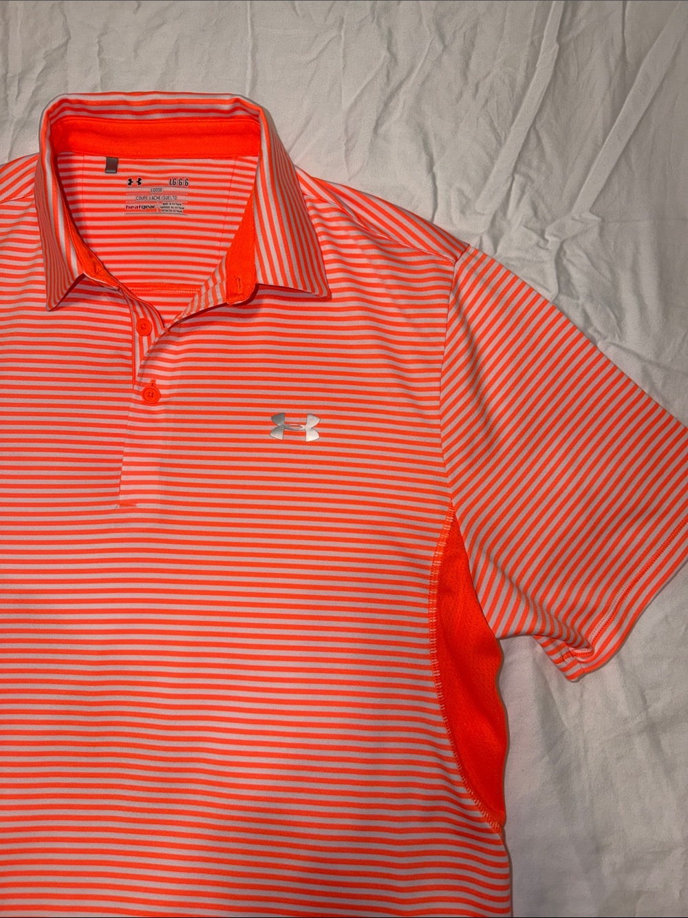 Under Armour Men's Coral and White Striped Polo (L)